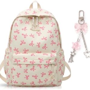 Pink Bow School Backpack for Girls, Kawaii Preppy Aesthetic Rucksack with Adjustable Straps & Cute Keychain, 15L Durable Bookbag for Teens, Primary & Secondary School Students