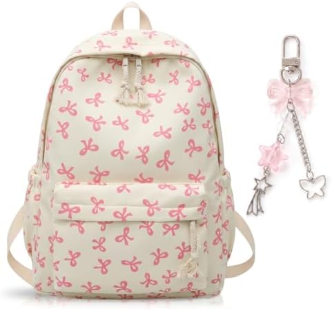 Pink Bow School Backpack for Girls, Kawaii Preppy Aesthetic Rucksack with Adjustable Straps & Cute Keychain, 15L Durable Bookbag for Teens, Primary & Secondary School Students