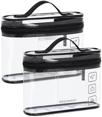 BAGSMART TSA Clear Toiletry Bag,2 Pack PVC Makeup Cosmetic Bag Organizer,Quart Size Travel Bag for Toiletries,Carry-on Travel Accessories Essentials,Black-2pcs