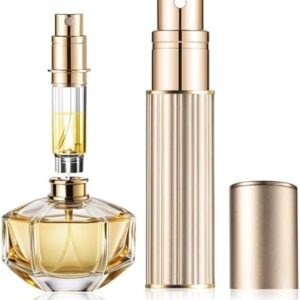Portable Perfume Atomiser Refillable - 5ml Empty Travel Perfume Bottle, Nano Mist, Leaking Proof, Bottom Pump without Funnel, Luxurious Mini women and men (M5-Gold)