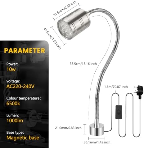 Magnetic Work Light, 10W 6500K LED Machine Light with Flexible Gooseneck & Strong Magnetic Base for Workbench, Sewing, Lathe, Grill, Shop, Industrial Lighting (Silver) - Image 6