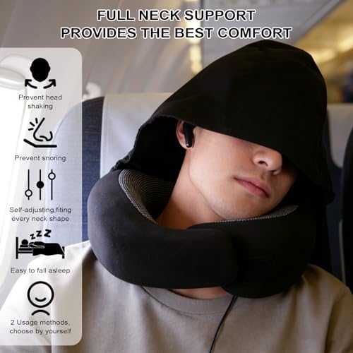 Travel Pillow with Hood for Airplane, Ergonomic Turtle Travel Pillow for Neck Support, Soft Memory Foam Hooded Neck Cushion for Long Haul Flights, Car Driving, Office Napping (Black) - Image 5