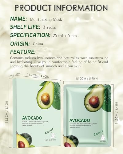 Facial Sheet Mask Set,5Pcs Avocado Hydrating Moisturizing Face Mask Product | Korean Beauty Facial Skin Care, Fade Fine Lines Beach Vacation Essentials, Thanksgiving Christmas Skincare Kit for Women Girl - Image 7