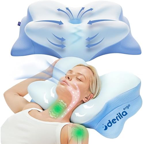 Derila ERGO Memory Foam Pillow. Cervical Neck Pillow for Back, Stomach & Side Sleeper. Butterfly Form Pillows for Neck and Shoulder, size 54x36x12cm