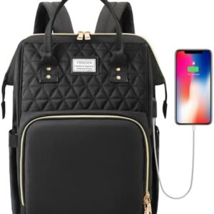 VSNOON Laptop Backpack for Women,15.6 Inch Stylish Laptop Rucksack Wide Open, Travel Backpack with USB Charging Port, Water Resistant Work Bag Computer Backpack for Women, Black
