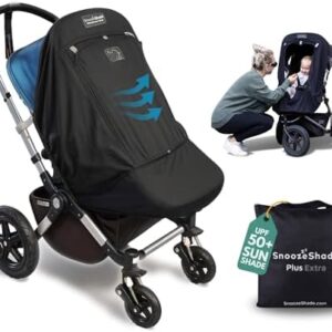 SnoozeShade Plus Extra Pram and Stroller Sun Shade Cover Blocks 99% UV UPF50+ Baby Sleep Aid and Breathable Blackout Canopy for Pushchairs Buggies and Travel Strollers | Blocks up to 99% of UV. Universal fit for pushchairs and buggies. See-out window panel, mosquito net, blackout snooze panel