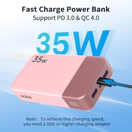 NOBIS Power Bank, 35W 20000mAh Portable Charger, USB C Fast Charging, 4 Ports External Battery Pack with LED Digital Display, Compatible with Laptop, Phone 15 14 13 Pro S23 S22 (Pink) - Image 2