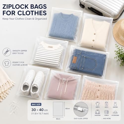 Reusable Ziplock Storage Bags for Travel, Waterproof Zip Organiser Bags for Clothes, Shoes, Cosmetics, Frosted Packing Pouches for Baby Essentials, 30pcs 30x40cm - Image 6