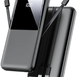 Power Bank Fast Charging, 15000mAh Portable Charger with Built-in Cables, USB-C Powerbank with LED Display & 4 Outputs, Battery Pack Compatible with iPhone 17 16 15 14 13 Android and more, Black