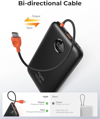 VIYISI Ultra-Slim 10000mAh Power Bank, QC 22.5W Fast Charging Portable Charger with Built-in Type-C Cable, LED Display Travel Phone Charger for iPhone 17 16 15 Samsung Android -Black - Image 5
