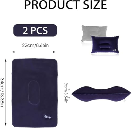 Inflatable Pillow, Ultralight Compressible Waterproof Soft Portable Cushion, Compact Blow Up Pillow for Camping, Hiking, Beach, Fishing & Office, 34 x 22 cm (Dark Blue+Grey) - Image 2