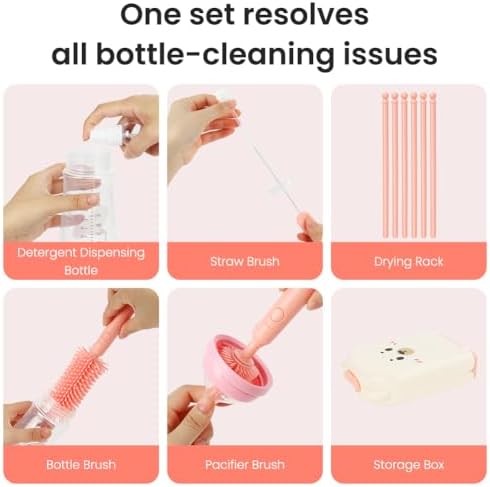 Vicloon 6 in 1 Baby Bottle Brush Set, Travel Bottle Cleaner Kit with Silicone Bottle/Nipple/Straw Brush, Soap Dispenser, and Drying Rack, Baby Travel Essentials (Pink) - Image 3