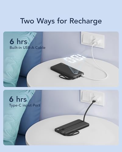 VRURC 10000mAh Power Bank With Built in Cables,USB C Battery Pack Portable Charger with 5 Outputs 2 Inputs Powerbank LED Display compatible with iPhone 17 16 15 14, Samsung,Android-Dark(1 Pack) - Image 6