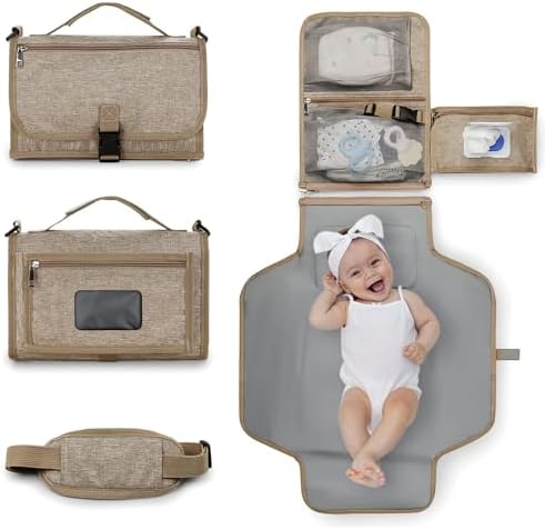 Bebamour Portable Nappy Changing Mats with Wipes Pocket Travel Baby Changing Pads with Head Cushion for Infants Waterproof Diaper Changing Pads Newborn Essentials, Khaki - Image 2