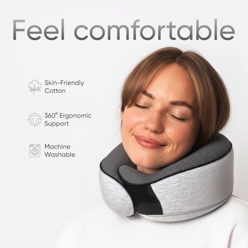 Proglobe Travel Pillow, Memory Foam Neck Pillow Set, Orthopedic Pillow, Travel Essentials for Flying, Kit with 3D Contoured Sleep Mask, Earplugs and Luxury Mesh Bag (Grey) - Image 2