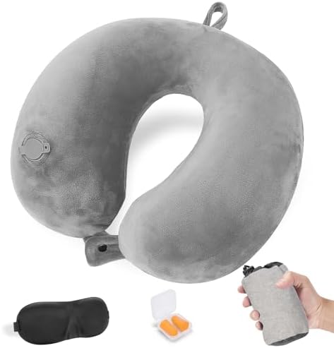 Cirorld Inflatable Travel Pillow, Blow up Neck Pillow for Travel, Lightweight Inflatable Travel Pillow for Airplane with Eye Mask and Earplugs—Travel Essentials for Flying, Grey