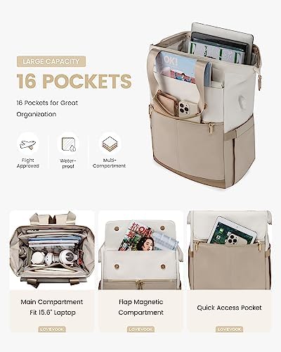 LOVEVOOK Backpack Womens, 15.6 inch Laptop Rucksack Bag for Ladies, Waterproof Daypacks for Office Teacher Nurse, Fashion School Bags with USB Port for Work University Travel Business, Beige Khaki - Image 4