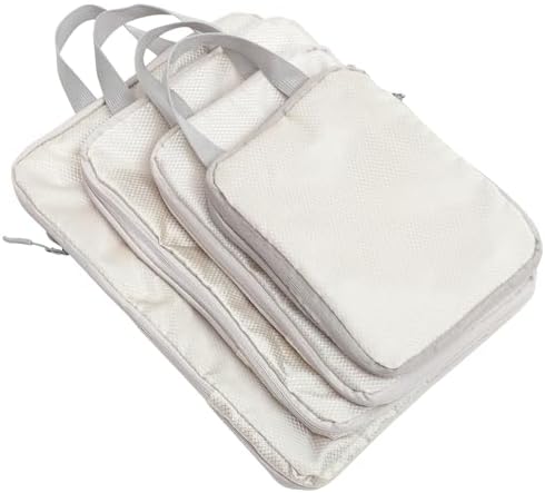 4pcs Beige Compression Packing Cubes for Travel with Zipper Closure, Lightweight Polyester Luggage Organiser Bags to Reduce Clothing Wrinkles, for Camping and Hiking