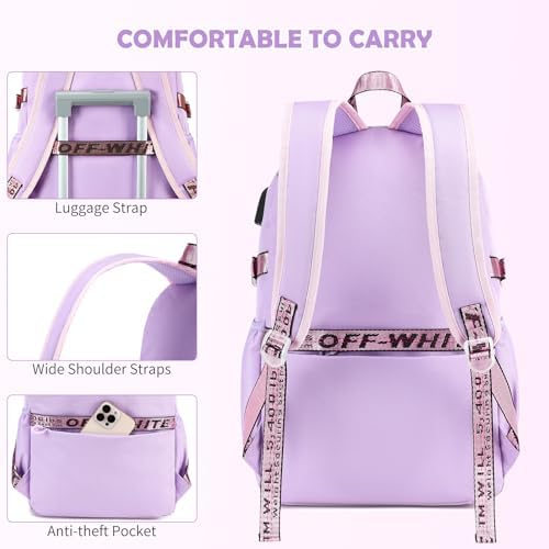 3PCS School Bags for Girls, 3-in-1 Kids Backpack Set with Lunch Pouch & Pencil Case, Water-Resistant Girls Rucksack Book Bag for Primary Secondary School, Purple-Pink - Image 5
