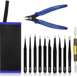 Ainiv Precision Tweezers Set, 11PCS Anti-Static ESD Tweezers Set with 1PCS Micro Wire Cutter for Modeling, Electronic Repair, Handicraft, Laboratory, Jewelry Manufacturing, Hobby etc