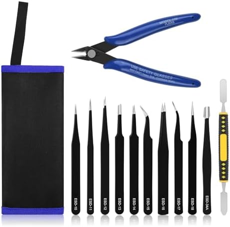Ainiv Precision Tweezers Set, 11PCS Anti-Static ESD Tweezers Set with 1PCS Micro Wire Cutter for Modeling, Electronic Repair, Handicraft, Laboratory, Jewelry Manufacturing, Hobby etc