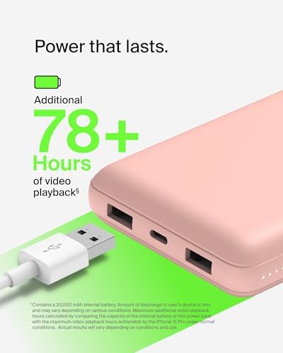 Belkin USB C Portable Charger 20000mAh, 20K Power Bank with USB Type C Input Output Port and 2 USB A Ports with Included USB C to A Cable for iPhone, Galaxy, Pixel, iPad, AirPods and More – Rose Gold | 20K Portable Charger, Charge Up to 3 Devices (1 x USB-C, 2 x USB-A Ports), 15W, LED Indicator, Made with Recycled Plastic - Image 3