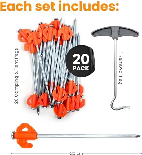 Heavy Duty Tent Pegs - 20cm x 20 Pack Orange Hard Ground Tent Pegs, Camping Pegs, Awning Peg for outdoors, Strong Galvanized Steel with Storage Case and Peg Remover - Image 3