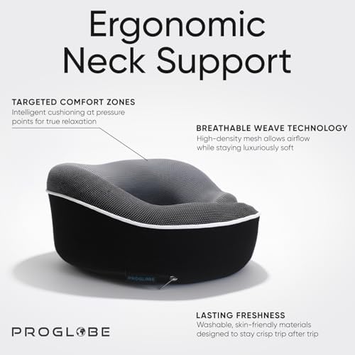Proglobe Travel Pillow, Memory Foam Neck Pillow Set, Orthopedic Pillow, Travel Essentials for Flying, Kit with 3D Contoured Sleep Mask and Luxury Mesh Bag (Black) - Image 3