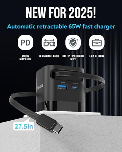 65W Retractable Travel USB C Charger, 3-Ports Foldable Travel Adapter Plug Converter with UK/EU/AU Plugs, Fast Charging for Laptop, for Macbook Pro/Air, for iPhone 17/16/15 series, iPad Pro/Air, Black - Image 2