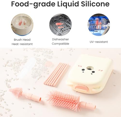 Vicloon 6 in 1 Baby Bottle Brush Set, Travel Bottle Cleaner Kit with Silicone Bottle/Nipple/Straw Brush, Soap Dispenser, and Drying Rack, Baby Travel Essentials (Pink) - Image 7