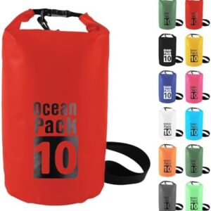 10L Waterproof Dry Bag with Single Shoulder Strap - Red Durable PVC Roll Top Dry Sack - Reusable Gear Protector for Kayaking, Boating, Beach, Swimming, Camping and Outdoor Sports