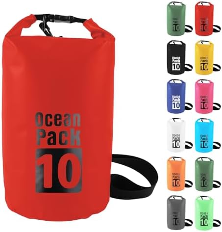 10L Waterproof Dry Bag with Single Shoulder Strap - Red Durable PVC Roll Top Dry Sack - Reusable Gear Protector for Kayaking, Boating, Beach, Swimming, Camping and Outdoor Sports