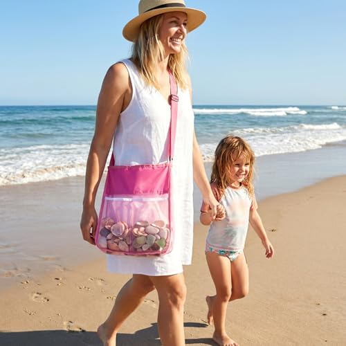Mesh Beach Bags with Zipper,Pink and Mint Green Mesh Bag,Shell Collecting Bag Beach Sand Toy,Beach Essentials Accessories Gifts for Boys and Girls Summer Vacation (Only Bags) (1, Pink) | mesh beach bag - Image 5