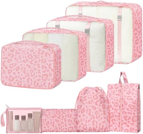 MOFELON 8PCS Packing Cubes for Suitcase, Travel Luggage Organisers for Backpack, Waterproof Suitcase Organiser Bags, Travel Essentials Accessories - Pink leopard print