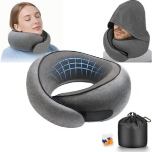 Travel Pillow, Neck Pillow for Airplane with Hood Long Flights Travel Essentials Comfort 360° Memory Foam Support Washable Cover Head & Neck Relief for Cars,Train& Office Sleeping & Rest (Dark Grey)