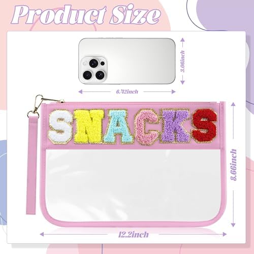 Buycard Snack Bag for Travel with Chenille Letter Patch-Preppy Waterproof Pouch for Travel, Makeup, Gym,Zippered Cosmetic Tote for Women & Girls,Holiday Essentials. (Pink) - Image 2