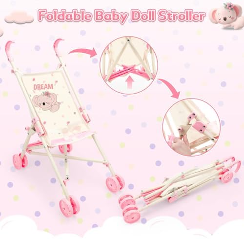deAO Baby Doll Stroller Playset for Kids Baby Doll Accessories with 14" Doll, Cot and Pram, Play Tent, Feeding Set, Storage Travel Bag and Balls, Pretend Play Nursery Set for Girls Toddlers - Image 3