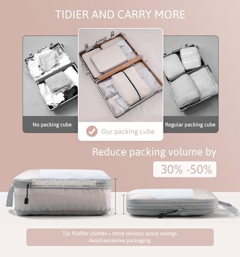 Meowoo Compression Packing Cubes 7 Set, Ripstop Mesh Travel Organizers for Luggage, Multi-Functional Ultralight Expandable Packing Cubes for Suitcase, Carry-on Luggage, Travel, Backpack, Beige - Image 3