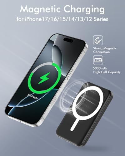 Podoru for Magsafe Power Bank, 5000mAh Magnetic Power bank with Type-C Cable PD Fast Charging Input Wireless Portable Charger for iPhone 17/16/15/14/13/12/ All Series-Black - Image 3