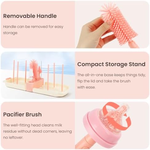 Vicloon 6 in 1 Baby Bottle Brush Set, Travel Bottle Cleaner Kit with Silicone Bottle/Nipple/Straw Brush, Soap Dispenser, and Drying Rack, Baby Travel Essentials (Pink) - Image 4