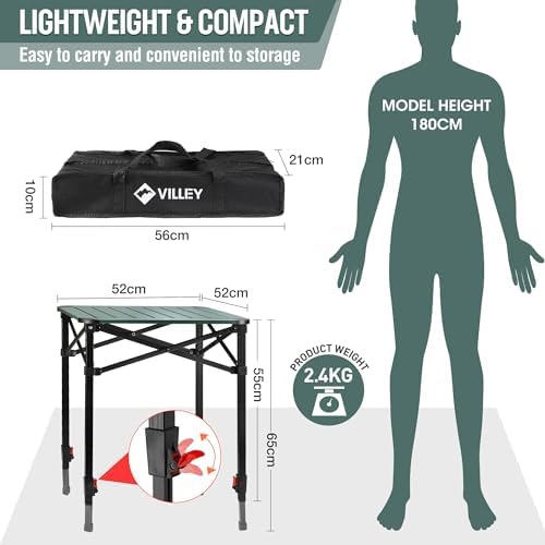 VILLEY Camping Table Folding, Lightweight Roll Up Aluminum Camp Table with Carry Bag, Adjustable Height Portable Outdoor Table for Picnic, Beach, Hiking, Fishing, Medium - Image 3