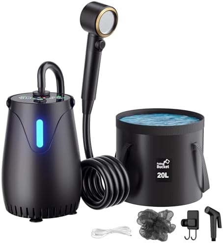 Portable Camping Shower with 20L Collapsible Bucket – 8000mAh Rechargeable Camp Shower Pump IPX8 Waterproof with 5 Gear LED Light, 4 Spray Modes, Outdoor Shower Kit for Hiking, RV, Travel, Car, Pet