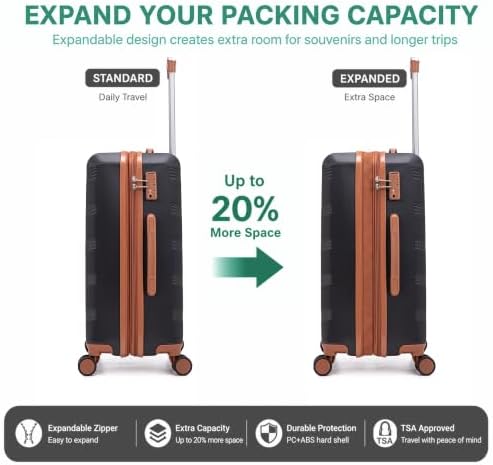 CONCEPTEN Expandable Hardshell Luggage Set 5 Piece, 22x14x9 Airline Approved Carry On, 20/24/28" Suitcase Set with TSA Lock, Spinner Wheels, ABS+PC (Black) - Image 7