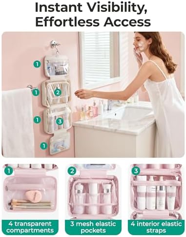 BAGSMART Hanging Toiletry Bag with Hook, Waterproof Travel Wash Bag Makeup Organiser, Full-Size Toiletries Cosmetics Accessories for Women & Men, Camel - Image 3