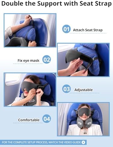 Inspireyes Neck Pillow, Travel Pillow with Seat Strap, 3D Sleep Mask, Dual Support Neck and Head, High Supportive Foam Airplane Pillow for Long Flight Road Trip, Stop Bobblehead Travel Essential, Grey - Image 7