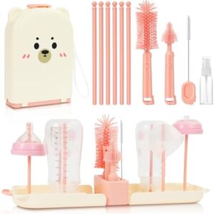 Vicloon 6 in 1 Baby Bottle Brush Set, Travel Bottle Cleaner Kit with Silicone Bottle/Nipple/Straw Brush, Soap Dispenser, and Drying Rack, Baby Travel Essentials (Pink)