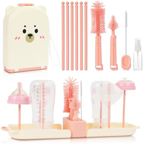 Vicloon 6 in 1 Baby Bottle Brush Set, Travel Bottle Cleaner Kit with Silicone Bottle/Nipple/Straw Brush, Soap Dispenser, and Drying Rack, Baby Travel Essentials (Pink)