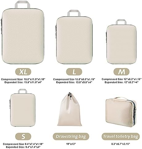 6 Piece Set Compression Packing Cubes For Suitcases Packing Cubes For Travel, With Travel Toiletry Bag and Laundry Bag (Beige) - Image 2