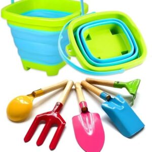 Beach Buckets and Spades for Kids, Travel Beach Toys Foldable Buckets and Spades Set, Collapsible Silicone Bucket and Metal Spade for Gardening & Beach Play Holiday Essentials for Children Ages 3+