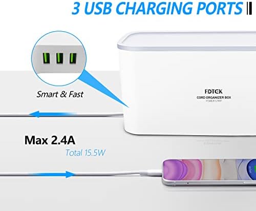 Extension Lead with USB Slots Cable Tidy Box, FDTEK 5 Way Plug Extension with 3 USB Ports and Cable Management Box, UK Power Strip with 2M Cord Overload Protection Switch for Home Office… - Image 6